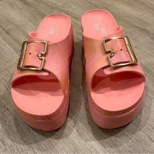 Dr. Scholl's Pink Coral Platform Slide Sandals with Gold Buckles